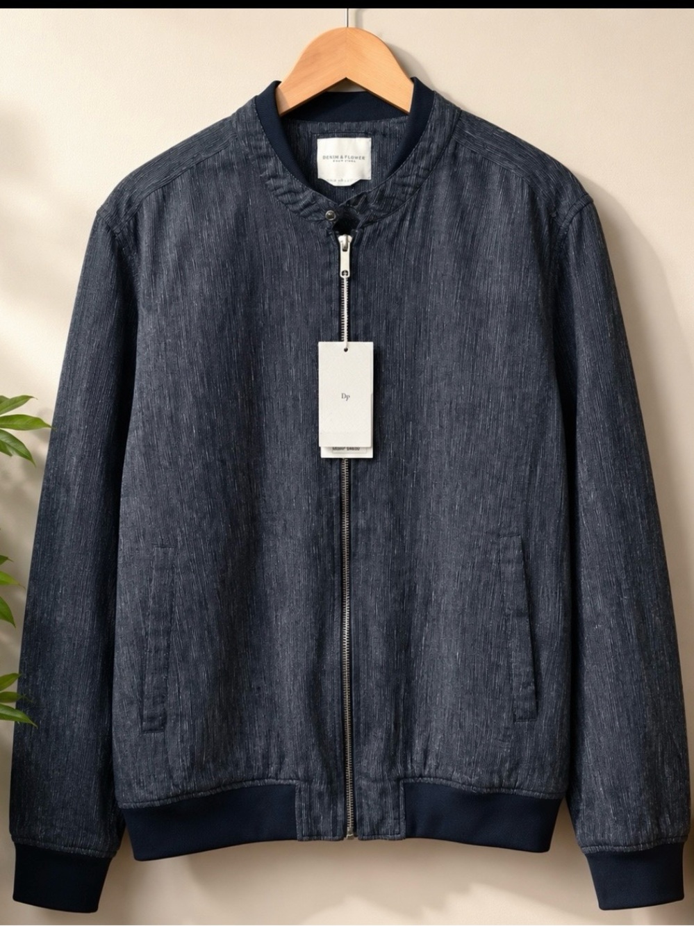 Denim & Flower Jacket Mens XL Navy/White Pattern Linen Bomber Zip Pockets